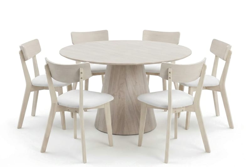 Siena spisegruppe 130 cm rund hvitlasert med 6 Amelia spisestoler med pute - Hvitlasert/Beige - Møbler - Bord - Spisegrupper