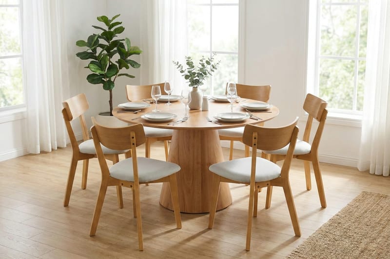 Siena spisegruppe 130 cm rund i eik med 6 Amelia spisestoler med pute - Eik/Beige - Møbler - Bord - Spisegrupper