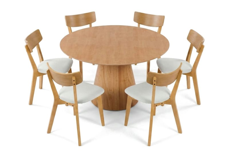 Siena spisegruppe 130 cm rund i eik med 6 Amelia spisestoler med pute - Eik/Beige - Møbler - Bord - Spisegrupper