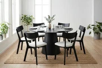 Siena spisegruppe 130 cm rund i svart med 6 Amelia spisestoler med pute - Svartbeiset eik - Møbler - Bord - Spisegrupper
