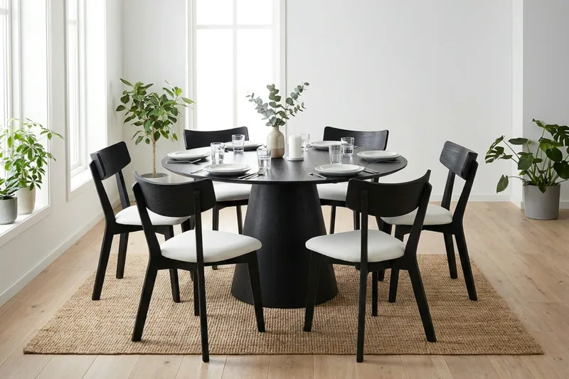 Siena spisegruppe 130 cm rund i svart med 6 Amelia spisestoler med pute - Svart/Beige - Møbler - Bord - Spisegrupper