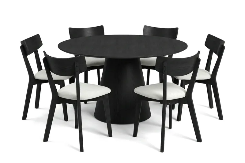 Siena spisegruppe 130 cm rund i svart med 6 Amelia spisestoler med pute, Svart/Beige