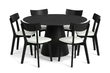 Siena spisegruppe 130 cm rund i svart med 6 Amelia spisestoler med pute - Svartbeiset eik - Møbler - Bord - Spisegrupper