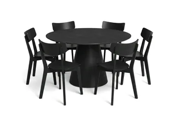 Siena Spisegruppe 130 cm rund i svart med 6 Amelia spisestoler