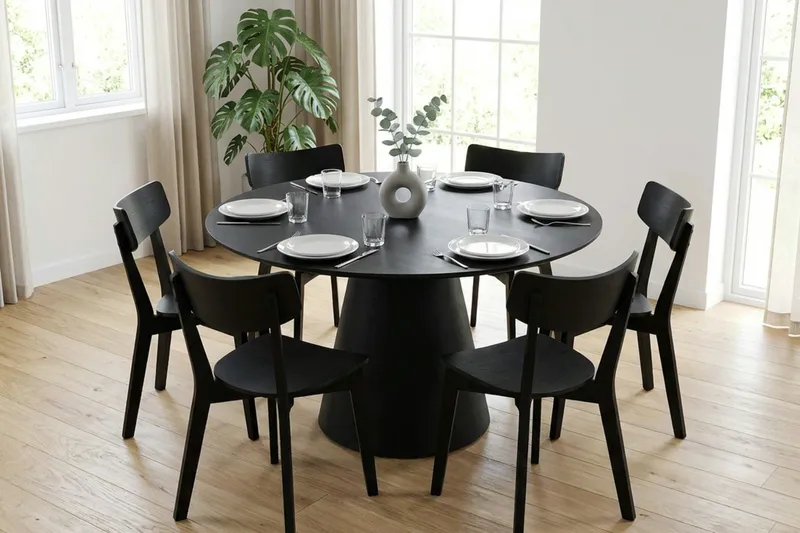 Siena Spisegruppe 130 cm rund i svart med 6 Amelia spisestoler - Svart - Møbler - Bord - Spisegrupper