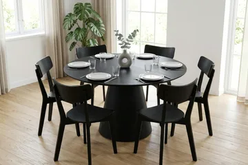 Siena Spisegruppe 130 cm rund i svart med 6 Amelia spisestoler - Svartbeiset eik - Møbler - Bord - Spisegrupper