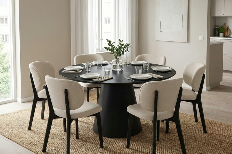 Siena Spisegruppe 130 cm rund i svart med 6 Eira spisestoler - Svartbeiset eik - Møbler - Bord - Spisegrupper