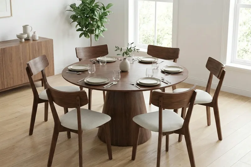 Siena spisegruppe 130 cm rund i valnøtt med 6 Amelia spisestoler med pute - Valnøtt/Beige - Møbler - Bord - Spisegrupper