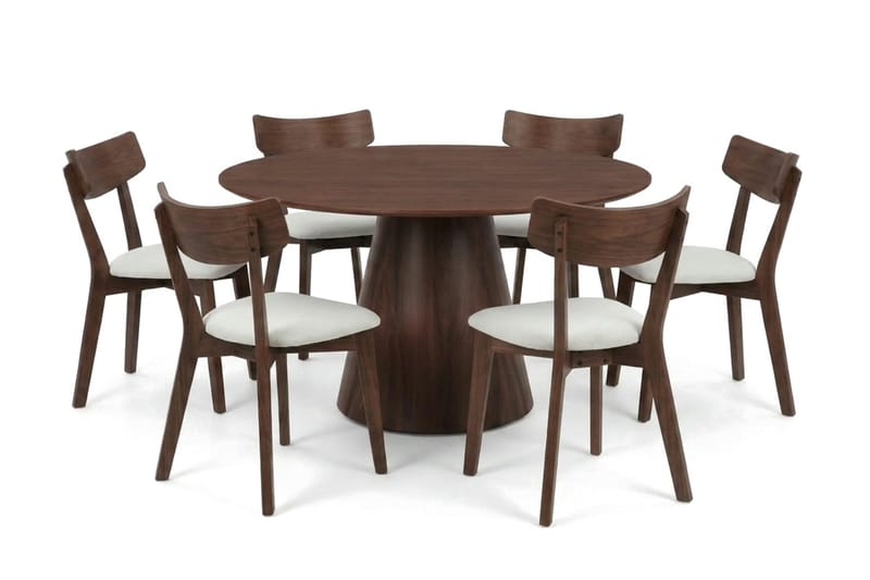 Siena spisegruppe 130 cm rund i valnøtt med 6 Amelia spisestoler med pute - Valnøtt/Beige - Møbler - Bord - Spisegrupper