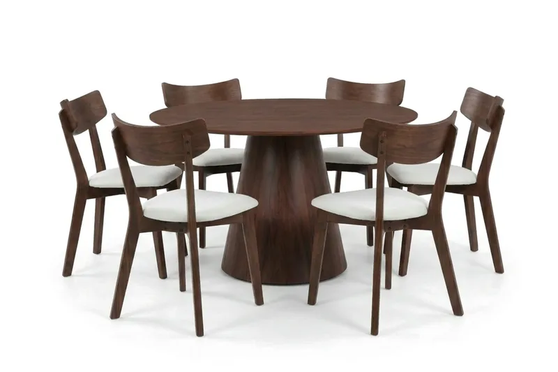 Siena spisegruppe 130 cm rund i valnøtt med 6 Amelia spisestoler med pute, Valnøtt/Beige