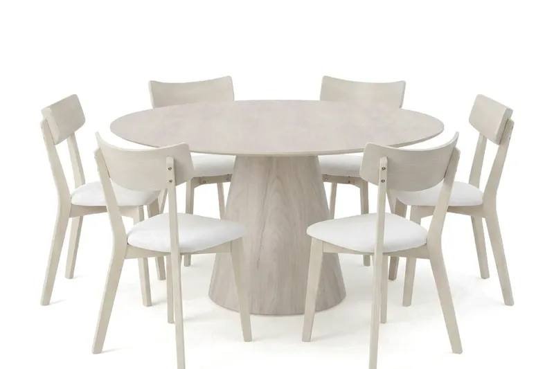 Siena spisegruppe 150 cm rund hvitlasert med 6 Amelia spisestoler med pute, Hvitbeiset eik