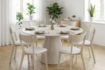 Siena spisegruppe 150 cm rund hvitlasert med 6 Amelia spisestoler med pute - Hvitbeiset eik - Møbler - Bord - Spisegrupper
