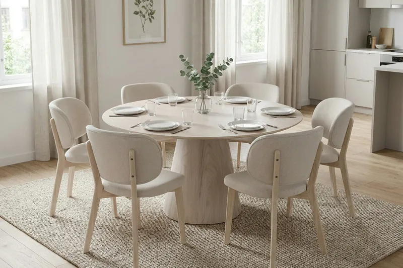 Siena Spisegruppe 150 cm rund hvitlasert med 6 Eira spisestoler - Hvitlasert - Møbler - Bord - Spisegrupper