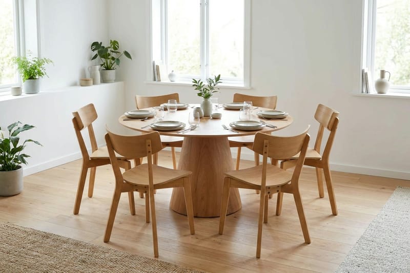 Siena Spisegruppe 150 cm rund i eik med 6 Amelia spisestoler - Eik - Møbler - Bord - Spisegrupper
