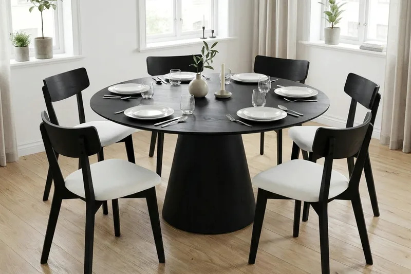 Siena spisegruppe 150 cm rund i svart med 6 Amelia spisestoler med pute - Svart/Beige - Møbler - Bord - Spisegrupper