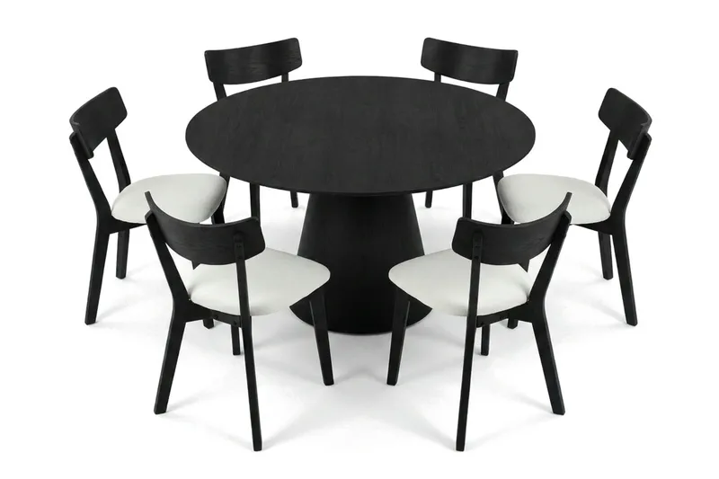 Siena spisegruppe 150 cm rund i svart med 6 Amelia spisestoler med pute - Svart/Beige - Møbler - Bord - Spisegrupper