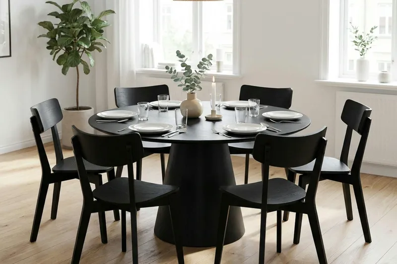 Siena spisegruppe 150 cm rund i svart med 6 Amelia spisestoler - Svart - Møbler - Bord - Spisegrupper