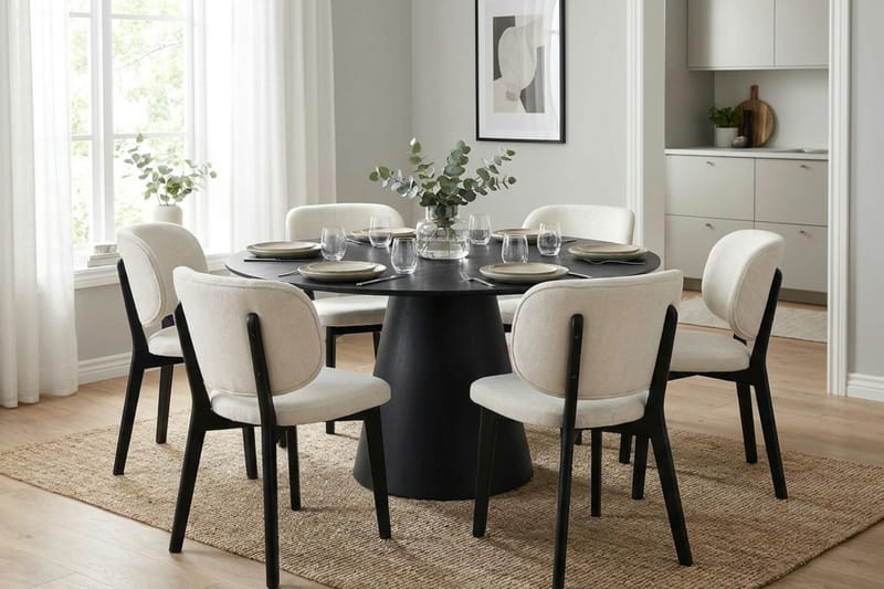 Siena Spisegruppe 150 cm rund i svart med 6 Eira spisestoler - Svart - Møbler - Bord - Spisegrupper