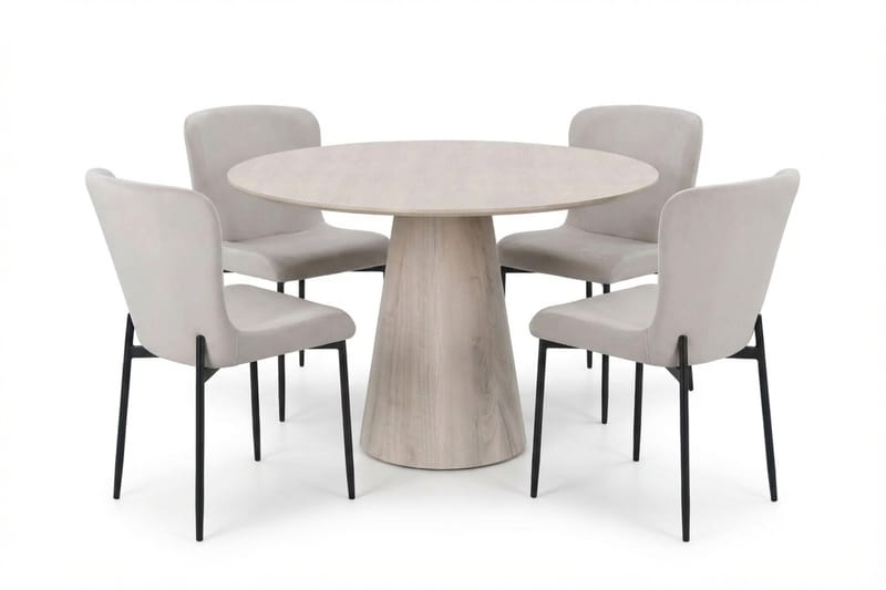 Siena spisegruppe rund 110 cm hvitlasert med 4 Elsie spisestoler, Hvitbeiset eik