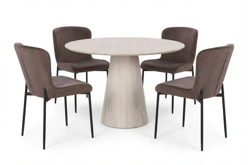 Siena spisegruppe rund 110 cm hvitlasert med 4 Elsie spisestoler, Hvitlasert/brun
