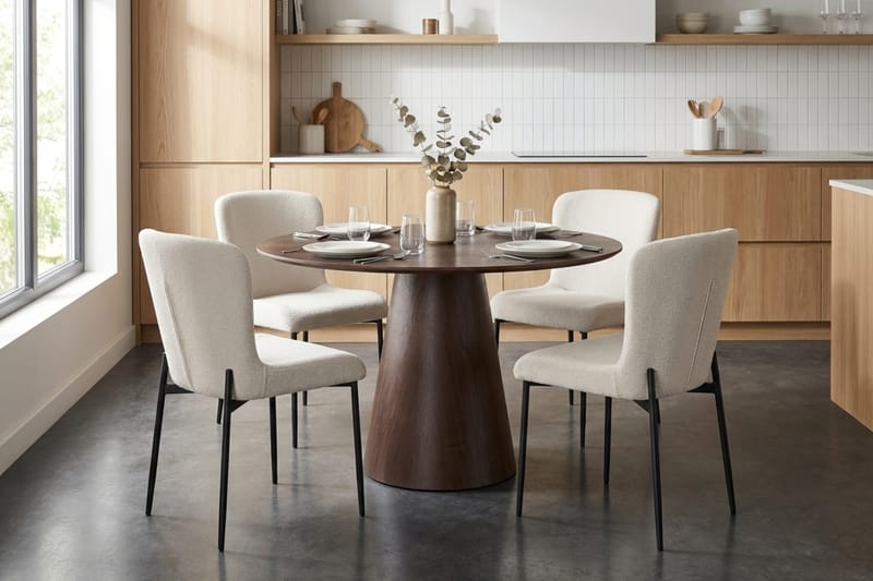 Siena Spisegruppe Rund 110 cm Røkt Eik med 4 Elsie Spisestoler - Røkt Eik/Hvit - Møbler - Bord - Spisegrupper