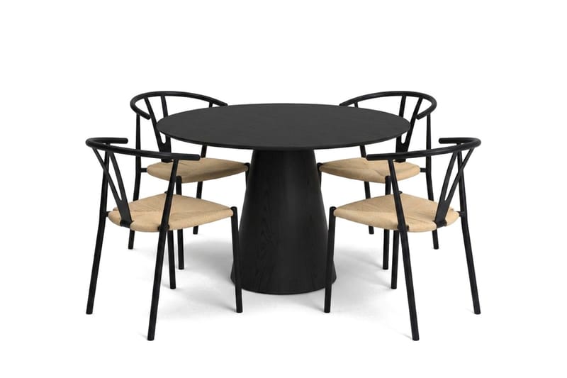 Siena spisegruppe rund 110 cm svart med 4 Elysia spisestoler, Svartbeiset eik