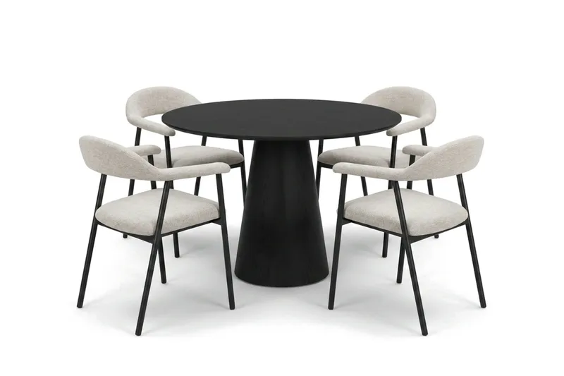 Siena spisegruppe rund 110 cm svart med 4 Ronja spisestoler, Beige/svart