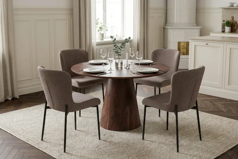 Siena Spisegruppe Rund 110 cm Valnøtt med 4 Elsie Spisestoler - Valnøtt/Grå - Møbler - Bord - Spisegrupper