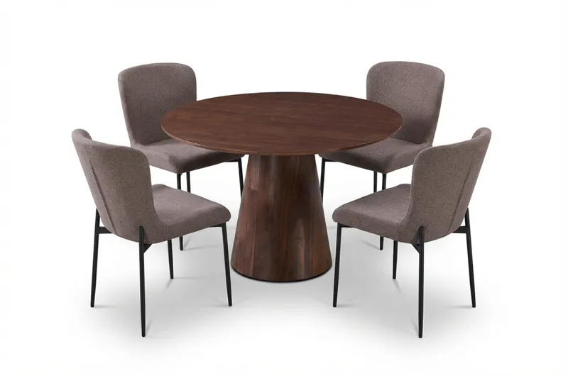 Siena Spisegruppe Rund 110 cm Valnøtt med 4 Elsie Spisestoler, Valnøtt/Grå