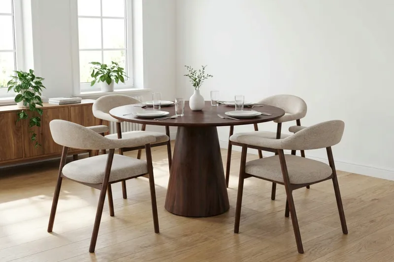 Siena spisegruppe rund 110 cm valnøtt med 4 Ronja spisestoler - Sand/valnøtt - Møbler - Bord - Spisegrupper