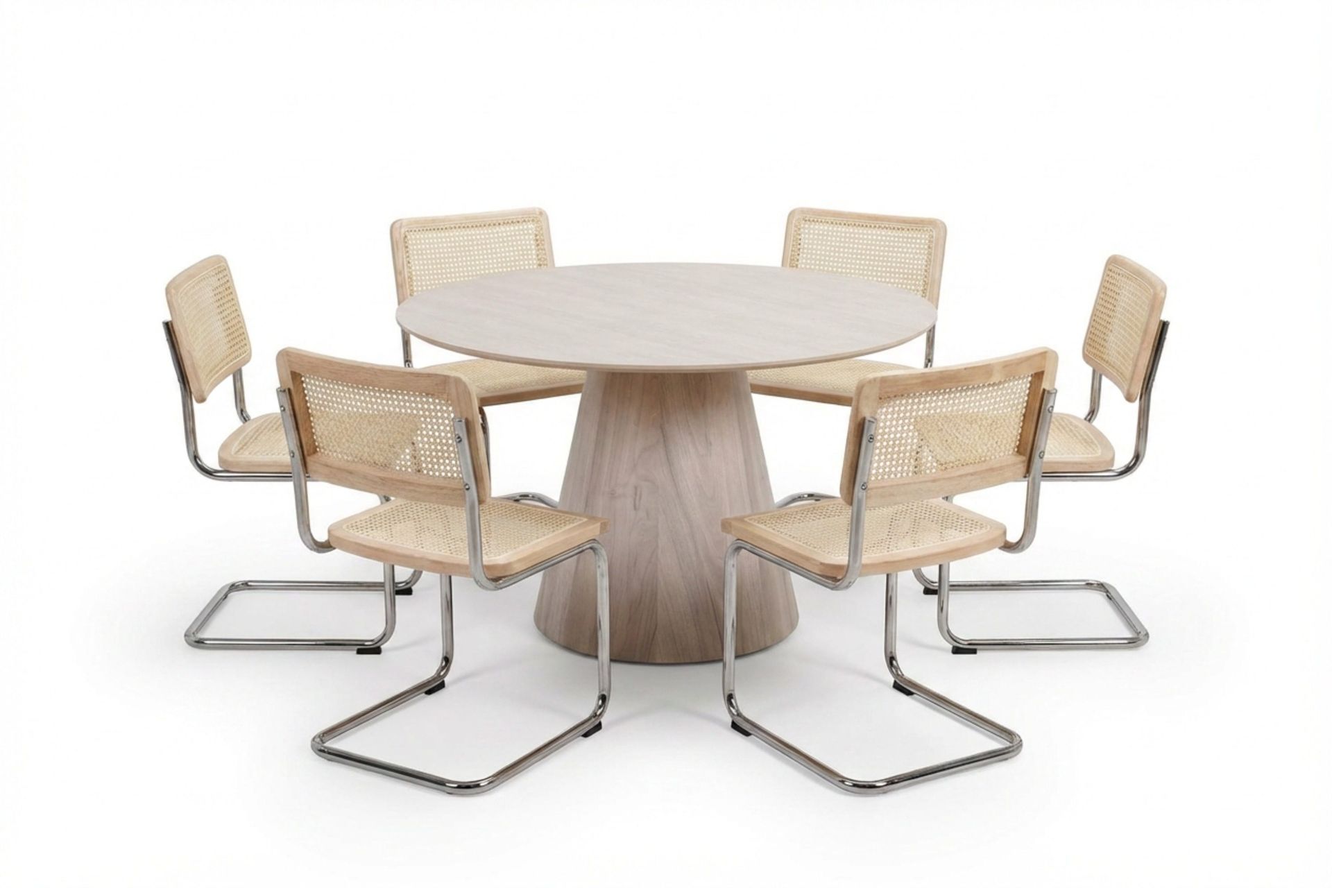 Siena spisegruppe rund 130 cm hvitlasert med 6 Build spisestoler - Hvitbeiset eik