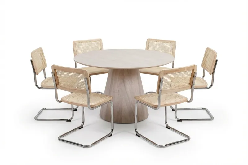 Siena spisegruppe rund 130 cm hvitlasert med 6 Build spisestoler, Hvitbeiset eik