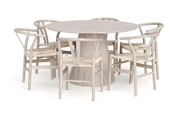 Siena spisegruppe rund 130 cm hvitlasert med 6 Dastoori spisestoler