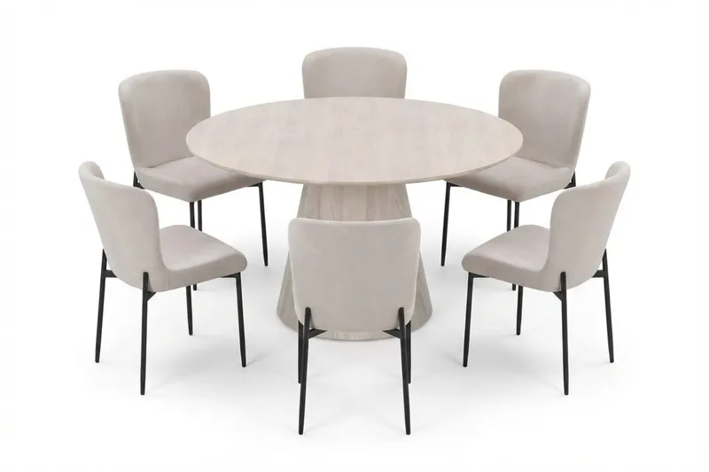 Siena spisegruppe rund 130 cm hvitlasert med 6 Elsie spisestoler, Hvitbeiset eik