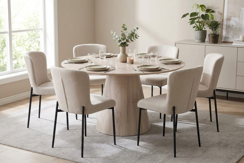 Siena spisegruppe rund 130 cm hvitlasert med 6 Elsie spisestoler - Hvitbeiset eik - Møbler - Bord - Spisegrupper