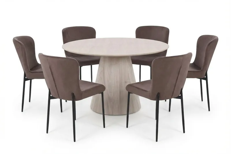 Siena spisegruppe rund 130 cm hvitlasert med 6 Elsie spisestoler - Hvitlasert/brun - Møbler - Bord - Spisegrupper