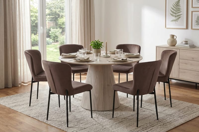 Siena spisegruppe rund 130 cm hvitlasert med 6 Elsie spisestoler - Hvitlasert/brun - Møbler - Bord - Spisegrupper