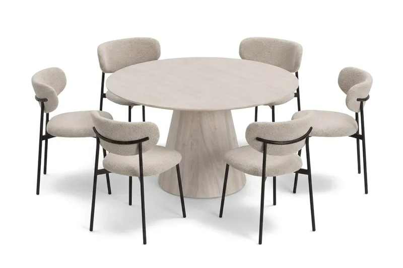 Siena spisegruppe rund 130 cm hvitlasert med 6 Lucy spisestoler, Hvitbeiset eik