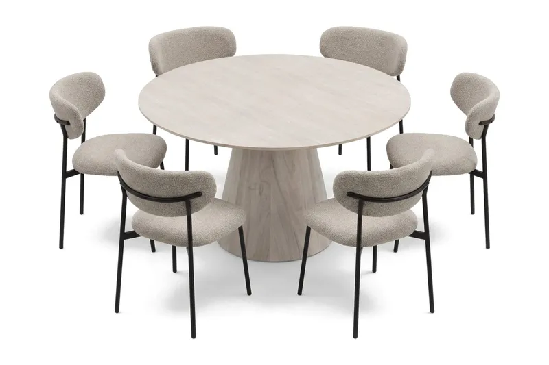 Siena spisegruppe rund 130 cm hvitlasert med 6 Lucy spisestoler - Hvitbeiset eik - Møbler - Bord - Spisegrupper
