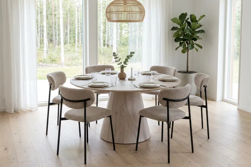Siena spisegruppe rund 130 cm hvitlasert med 6 Lucy spisestoler - Hvitbeiset eik - Møbler - Bord - Spisegrupper