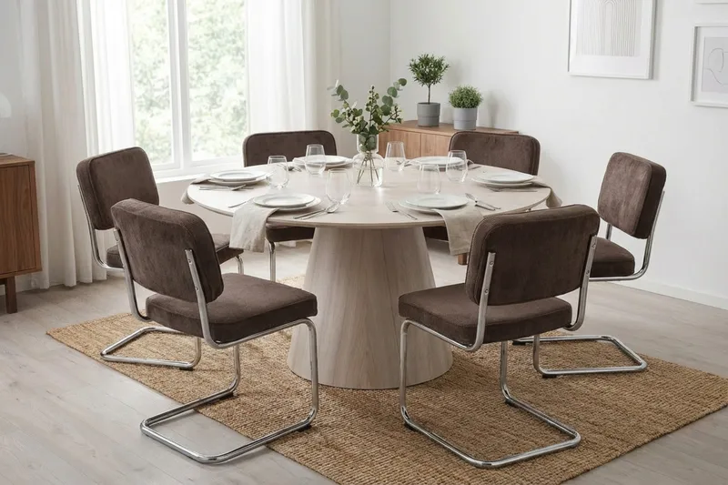 Siena spisegruppe rund 130 cm hvitlasert med 6 Milva spisestoler - Hvitbeiset eik - Møbler - Bord - Spisegrupper