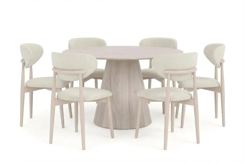 Siena spisegruppe rund 130 cm hvitlasert med 6 Molly spisestoler, Hvitbeiset eik