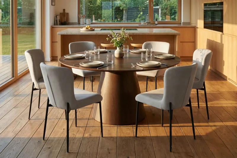 Siena Spisegruppe Rund 130 cm Røkt Eik med 6 Elsie Spisestoler - Røkt Eik/Beige - Møbler - Bord - Spisegrupper