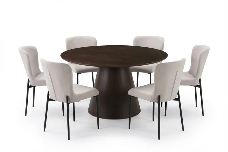 Siena Spisegruppe Rund 130 cm Røkt Eik med 6 Elsie Spisestoler, Røkt Eik/Beige