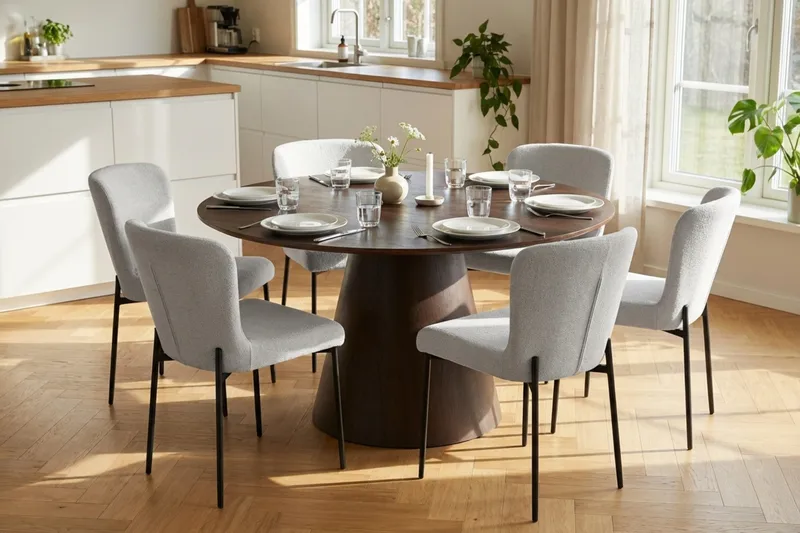 Siena Spisegruppe Rund 130 cm Røkt Eik med 6 Elsie Spisestoler - Røkt Eik/Hvit - Møbler - Bord - Spisegrupper