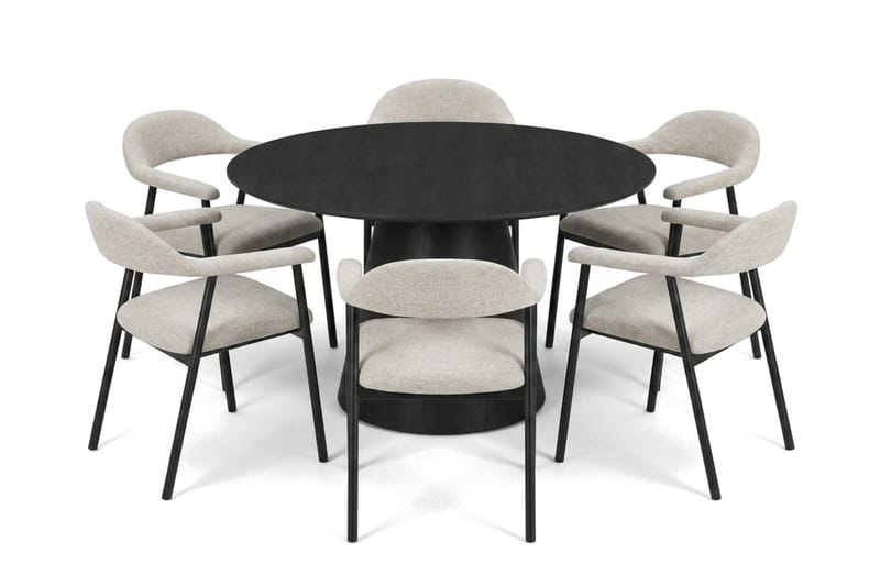 Siena spisegruppe rund 130 cm svart med 4 Ronja spisestoler, Beige/svart