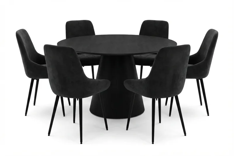 Siena spisegruppe rund 130 cm svart med 6 Alsarp spisestoler, Svartbeiset eik
