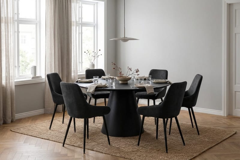 Siena spisegruppe rund 130 cm svart med 6 Alsarp spisestoler - Svartbeiset eik - Møbler - Bord - Spisegrupper