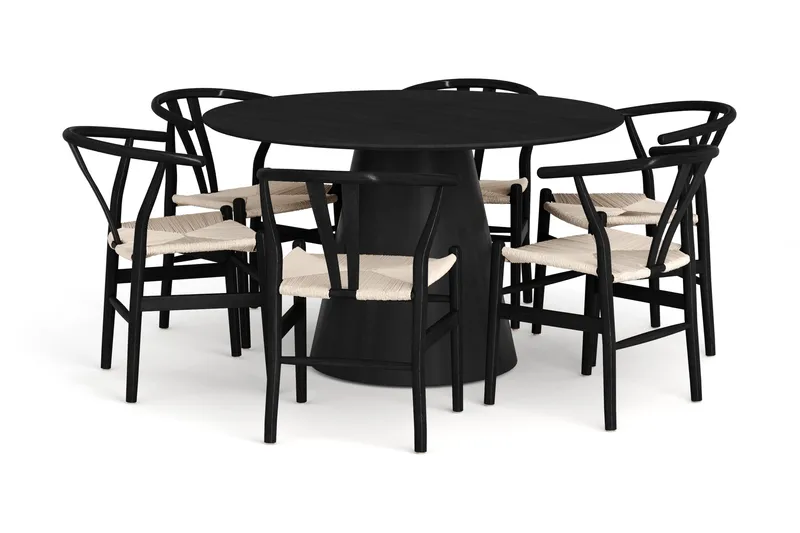 Siena spisegruppe rund 130 cm svart med 6 Dastoori spisestoler, Svartbeiset eik