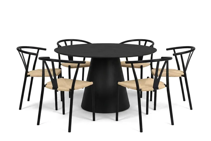 Siena spisegruppe rund 130 cm svart med 6 Elysia spisestoler, Svartbeiset eik